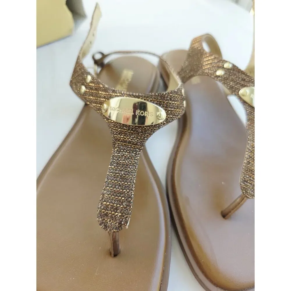 NIB NEW Women's 6.5 MICHAEL KORS Plate Slingback Thong Sandals Monogram Copper